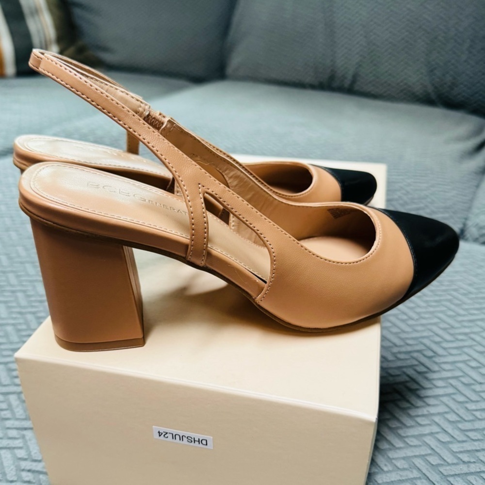 BCBGeneration Tan and Black Slingback Heels with Pointed Toe - Picture 12 of 13